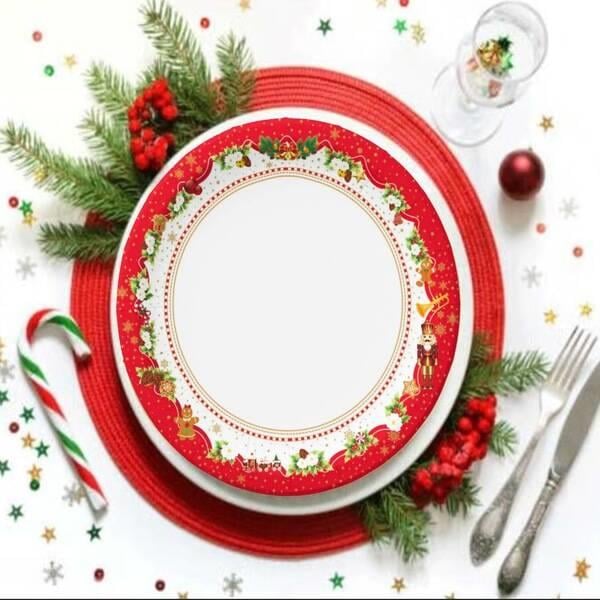 Yılbaşı Tabak orta beyaz kenar çelenk süslü 23 cm 8 li yılbaşı karton tabak yılbaşı sofrası