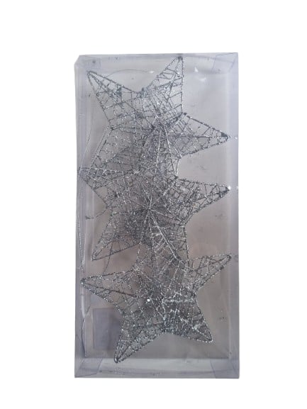 Yılbaşı Tel Yıldız 15 cm 3lü 3 Boyutlu Gümüş Lüks Ağaç Süsü Özel Pvc Kutuda