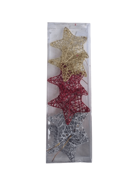 Yılbaşı Tel Yıldız Süs 8 cm x 6lı 3 Boyutlu Kırmızı-Gümüş-Altın Özel Pvc Kutuda