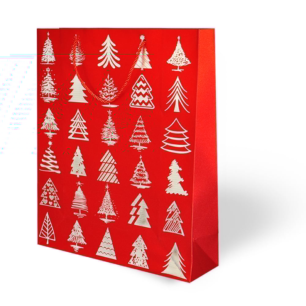 Yılbaşı temalı karton çanta Kırmızı üstü gümüş renkli çam ağaçları desenli 31*40 cm kordon ip saplı