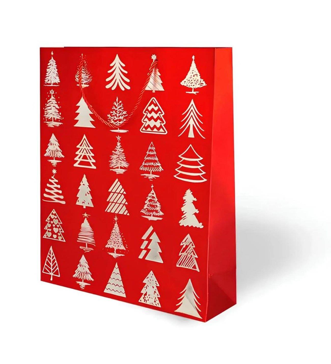 Yılbaşı temalı karton çanta Kırmızı üstü gümüş renkli çam ağaçları desenli 31*40 cm kordon ip saplı