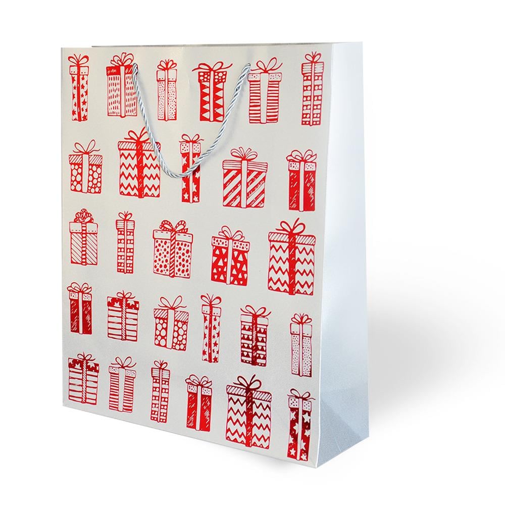 Yılbaşı temalı karton çanta lüks varak baskılı gümüş üstünde kırmızı hediye paketli görselli kordon sap 31*40 cm