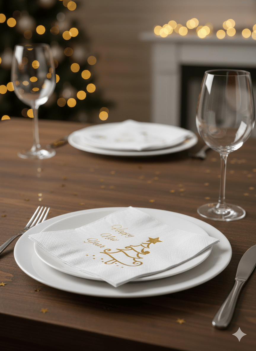 Yılbaşı Temalı Peçete Happy New Year Beyaz Üstü Gold Varaklı 16lı Çift Kat Lüks Davet Peçetesi