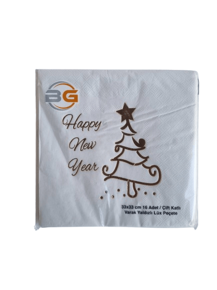 Yılbaşı Temalı Peçete Happy New Year Beyaz Üstü Gold Varaklı 16lı Çift Kat Lüks Davet Peçetesi