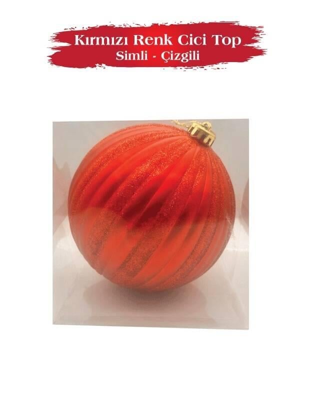 Yılbaşı Top Süs 15 Cm Çizgili Simli Kırmızı