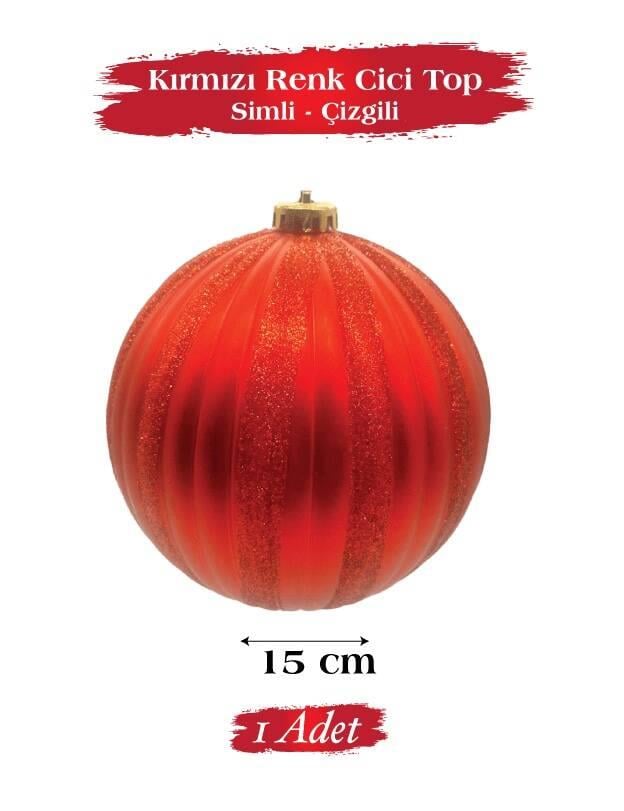 Yılbaşı Top Süs 15 Cm Çizgili Simli Kırmızı