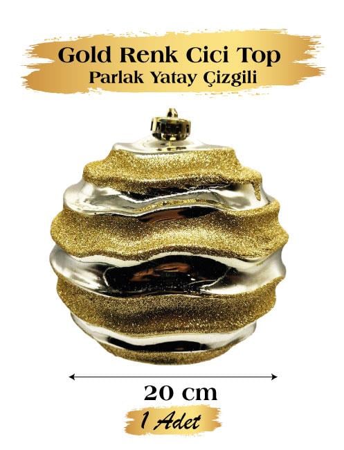 Yılbaşı Top Süs 15Cm Beyaz Yatay Çizgi Parlak Gold