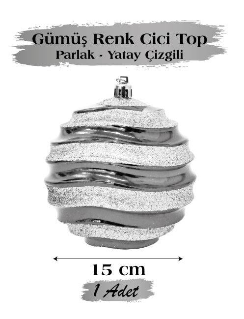 Yılbaşı Top Süs 15Cm Beyaz Yatay Çizgi Parlak Gümü