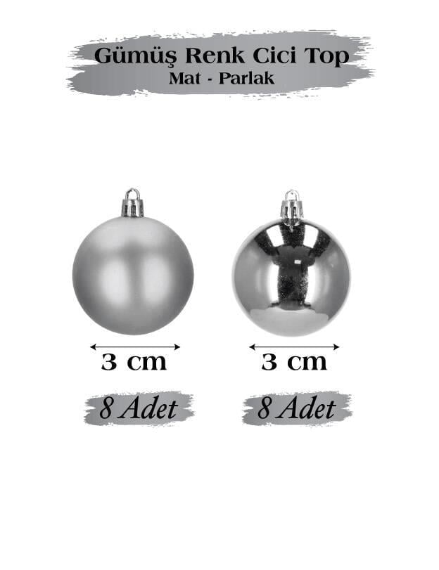 Yılbaşı Top Süs 3 Cm Mat Parlak Gümüş 16lı