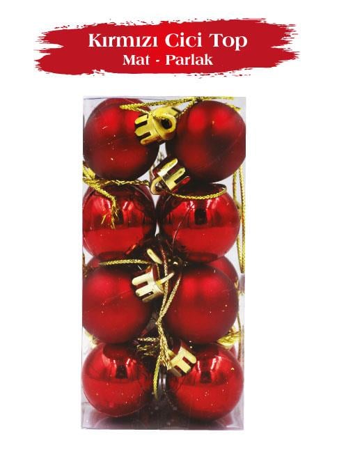 Yılbaşı Top Süs 3 Cm Mat Parlak Kırmızı 16 Parça