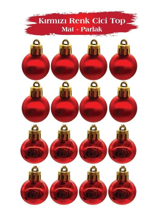 Yılbaşı Top Süs 3 Cm Mat Parlak Kırmızı 16 Parça