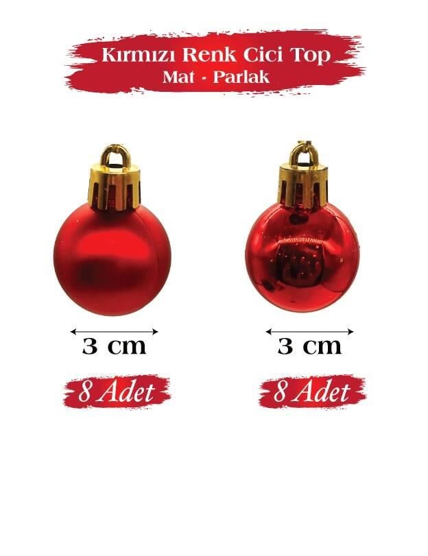 Yılbaşı Top Süs 3 Cm Mat Parlak Kırmızı 16 Parça