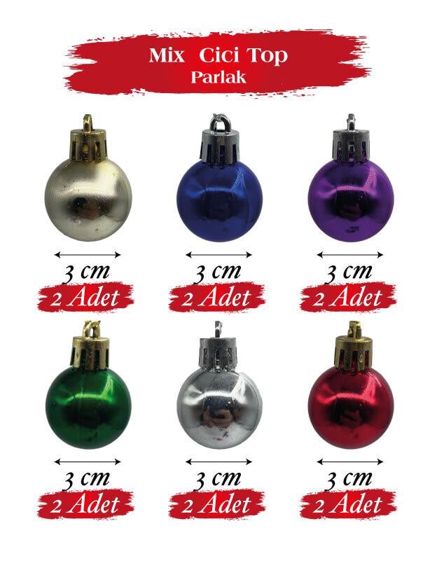 Yılbaşı Top Süs 3 Cm Parlak 12 Parça Karışık
