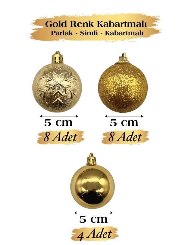 Yılbaşı Top Süs 5 Cm 20 Parç Simli Kabartmalı GOLD