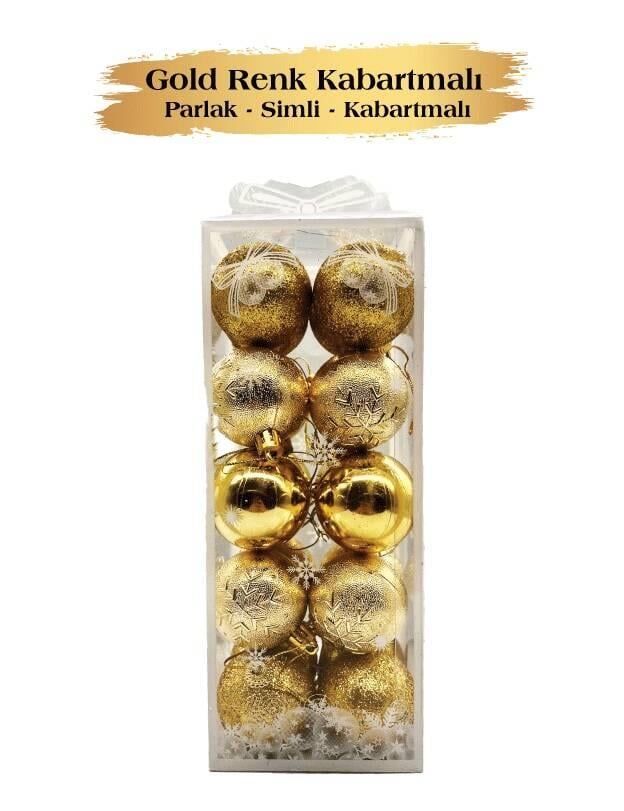 Yılbaşı Top Süs 5 Cm 20 Parç Simli Kabartmalı GOLD