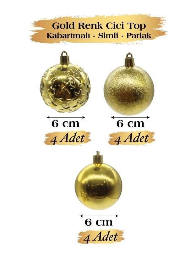 Yılbaşı Top Süs 6 Cm 12 Par Parlak Kabartmalı Gold