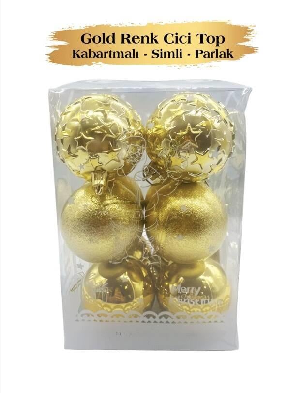 Yılbaşı Top Süs 6 Cm 12 Par Parlak Kabartmalı Gold