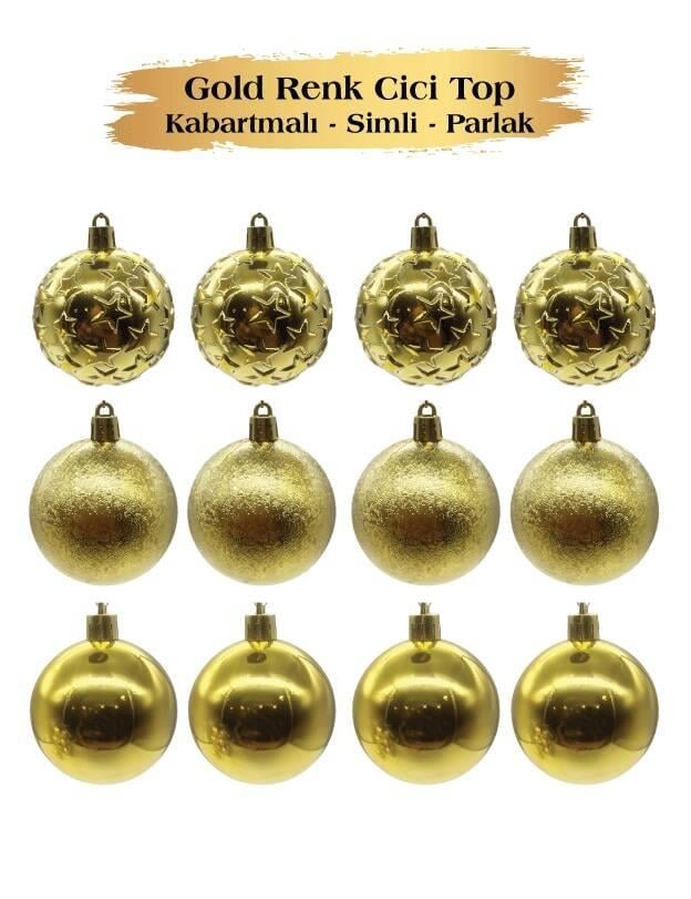 Yılbaşı Top Süs 6 Cm 12 Par Parlak Kabartmalı Gold
