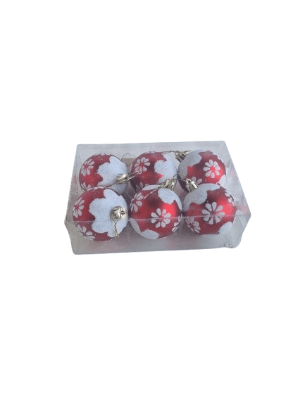 Yılbaşı Top Süs 6cm 6lı Kırmızı Beyaz Çiçekli