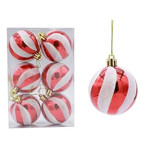 Yılbaşı Top Süs 6cm 6lı Kırmızı Beyaz Spiral Çizgili çam ağacı süsü yılbaşı top süs
