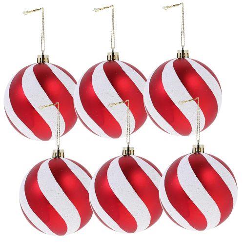 Yılbaşı Top Süs 6cm 6lı Kırmızı Beyaz Spiral Çizgili çam ağacı süsü yılbaşı top süs