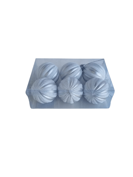 Yılbaşı Top Süs 6cm 6P Simli Parlak Çizgili gümüş Özel Pvc Kutulu