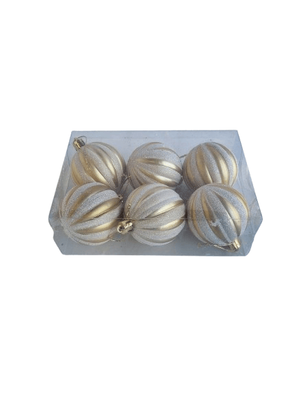 Yılbaşı Top Süs 6cm x 6lı Simli Parlak Çizgili Gold Lüks Ağaç Süsü Özel Pvc Kutulu