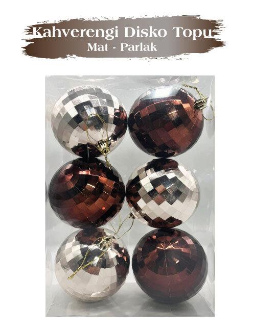 Yılbaşı Top Süs 8 cm 6 Parça Mat Parlak Disko Kahv