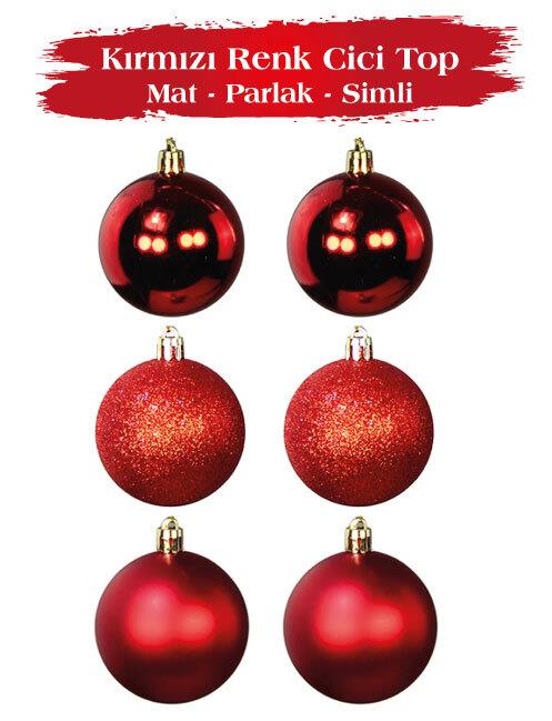 Yılbaşı Top Süs 8 Cm 6 Parça Mat Parlak Simli Kırm