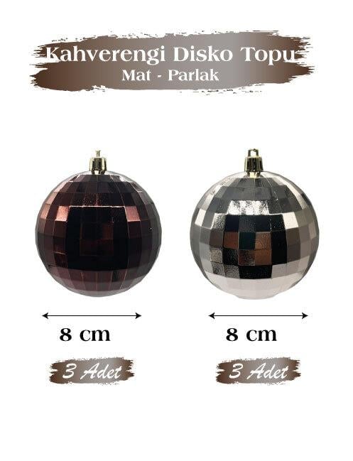 Yılbaşı Top Süs 8 cm 6 Parça Mat Parlak Disko Kahv