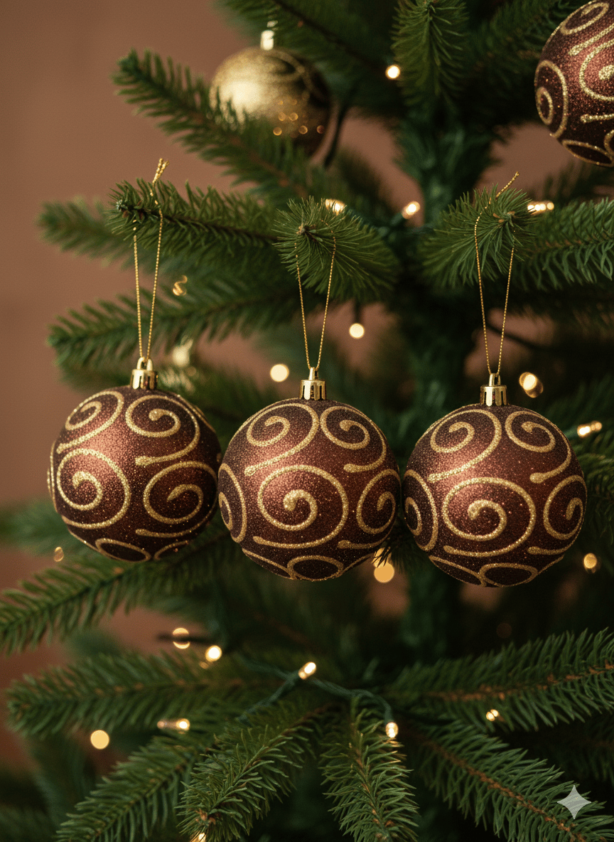 Yılbaşı Top Süs 8 cm x 3 adet kahveı altın varak desen