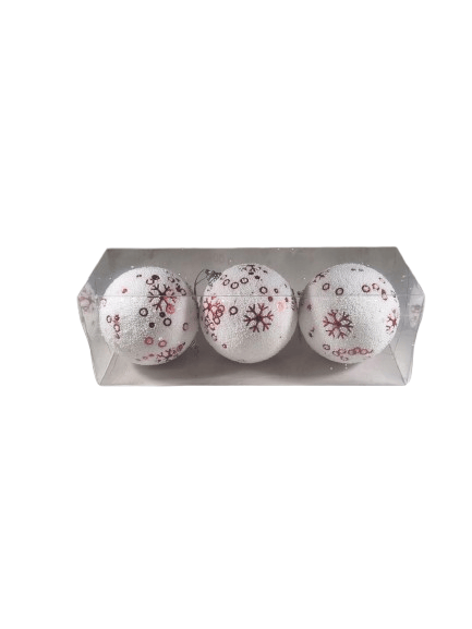 Yılbaşı Top Süs 8cm x 3 Adet Beyaz Üzeri Kırmızı Kartaneli Özel Pvc Kutulu