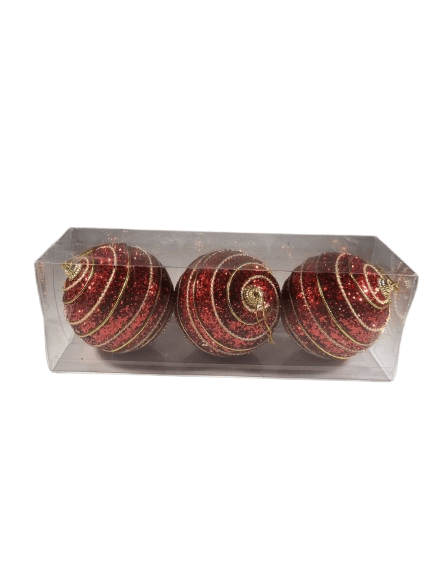 Yılbaşı Top Süs 8cm x 3lü Kırmızı Simli Altın Çizgili Lüks Ağaç Süsü Pvc Kutulu