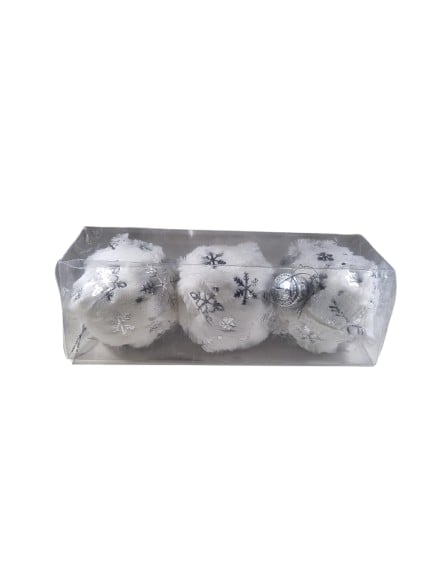 Yılbaşı Top Süs 8cm x3lü Beyaz Peluş Gümüş Varklı Kartanesi Desenli Lüks Ağaç Süsü Özel Pvc Kutulu