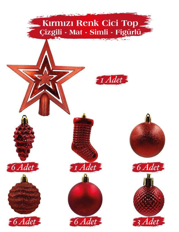 Yılbaşı Top Süs Figür Tepelikli Ağaç Set 32 P.Kırm