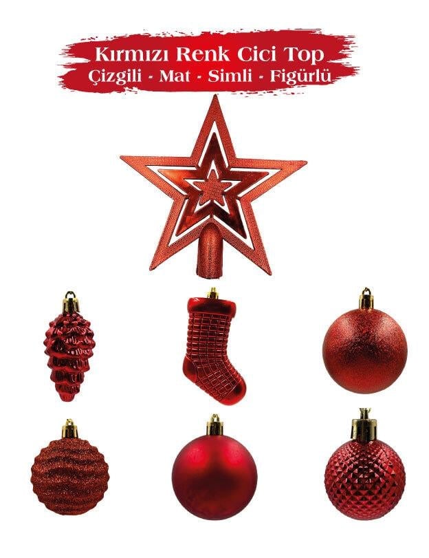 Yılbaşı Top Süs Figür Tepelikli Ağaç Set 32 P.Kırm