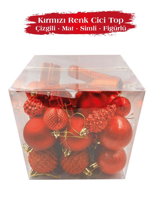 Yılbaşı Top Süs Figür Tepelikli Ağaç Set 32 P.Kırm