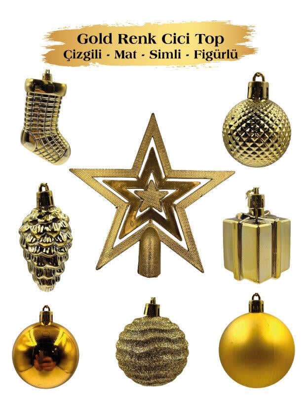 Yılbaşı Top Süs Figür Tepelikli Ağaç Set 32 P.Gold