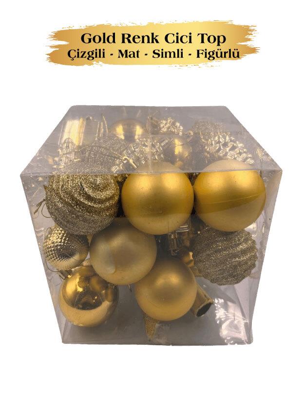 Yılbaşı Top Süs Figür Tepelikli Ağaç Set 32 P.Gold