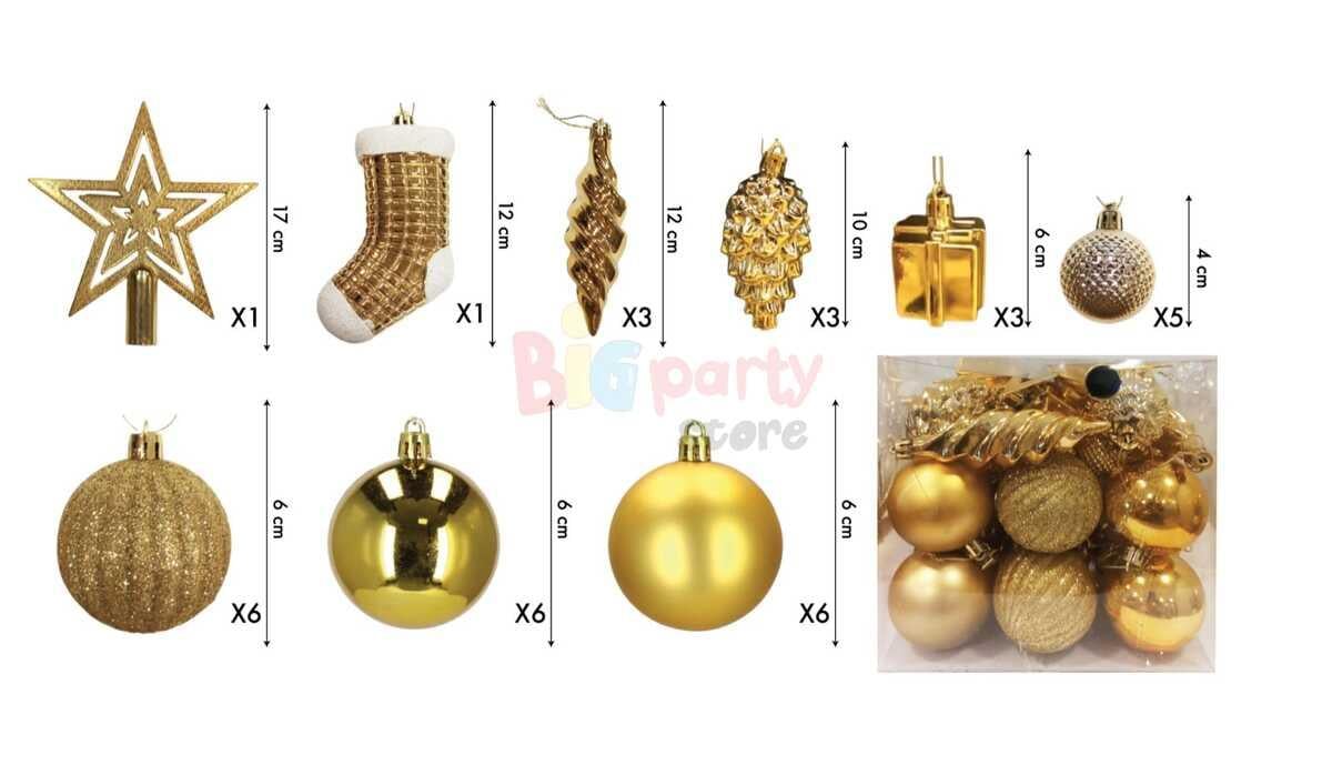 Yılbaşı Top Süs Figür Tepelikli Ağaç Set Altın 34 Parça