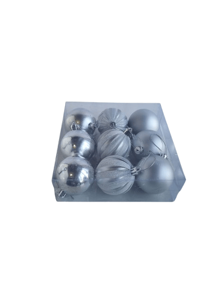 Yılbaşı Top Süs Lüks 6cm x 9 adet Mat Parlak Çizgili Simli Gümüş Özel Pvc Kutulu