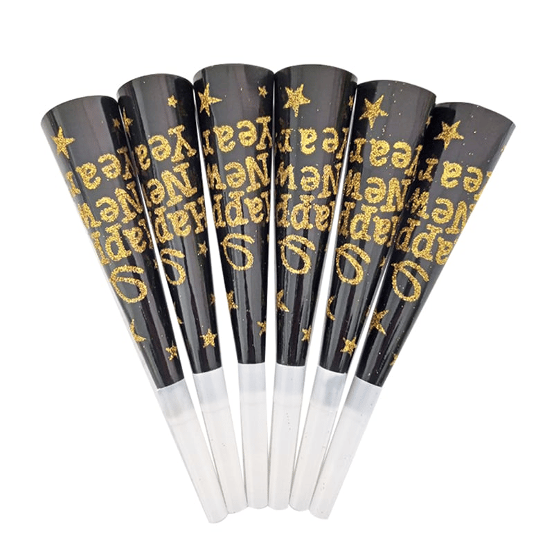 Yılbaşı Vuvuzela 6 lı Paket Happy New Year Yazılı Altın veya Gümüş Simli  Yılbaşı Düdüğü