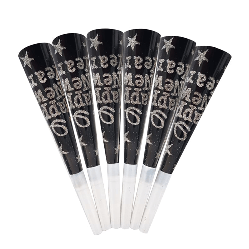 Yılbaşı Vuvuzela 6 lı Paket Happy New Year Yazılı Altın veya Gümüş Simli  Yılbaşı Düdüğü