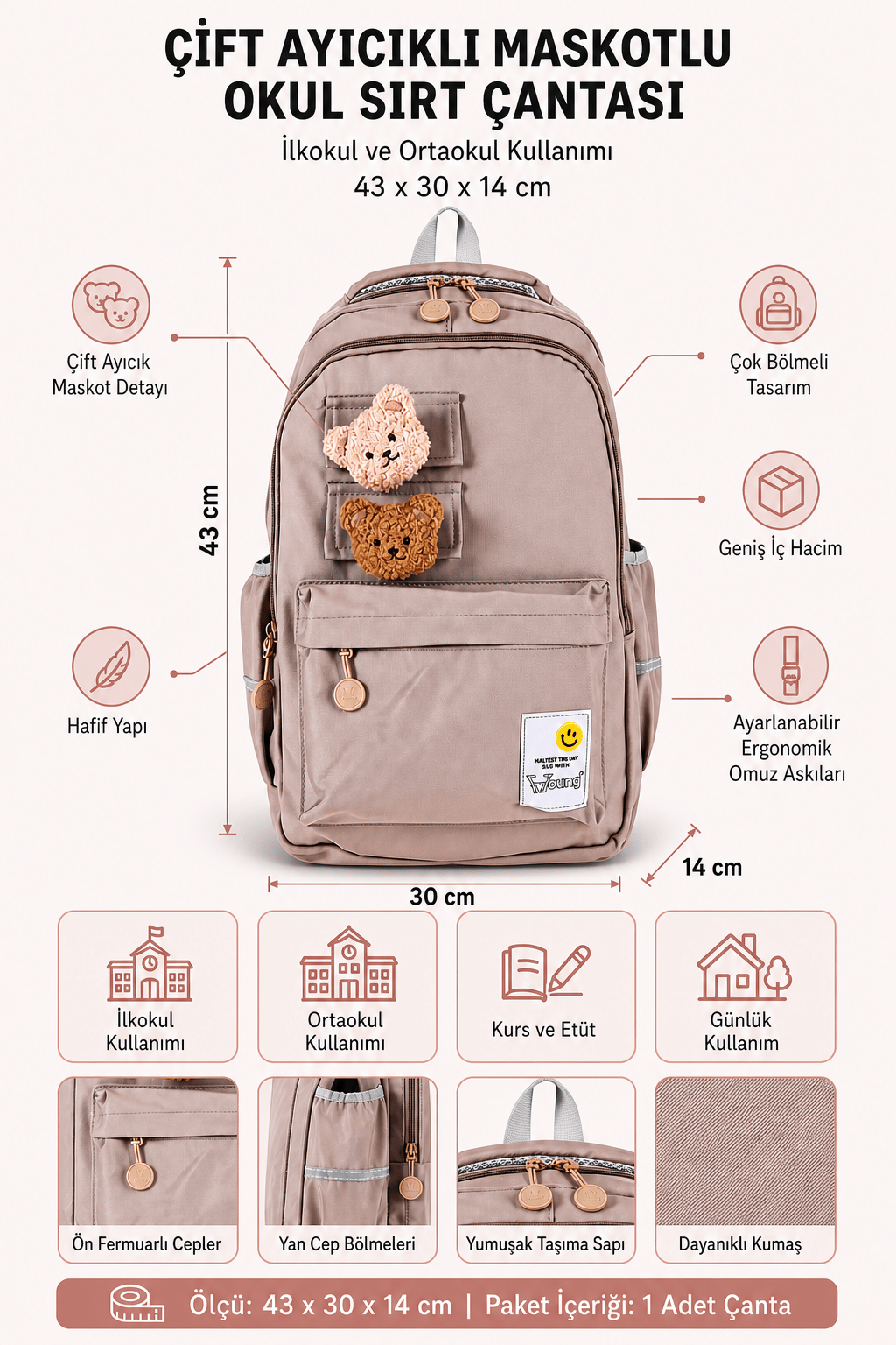 Young 51666 ayıcık maskotlu okul sırt çanta PEMBE