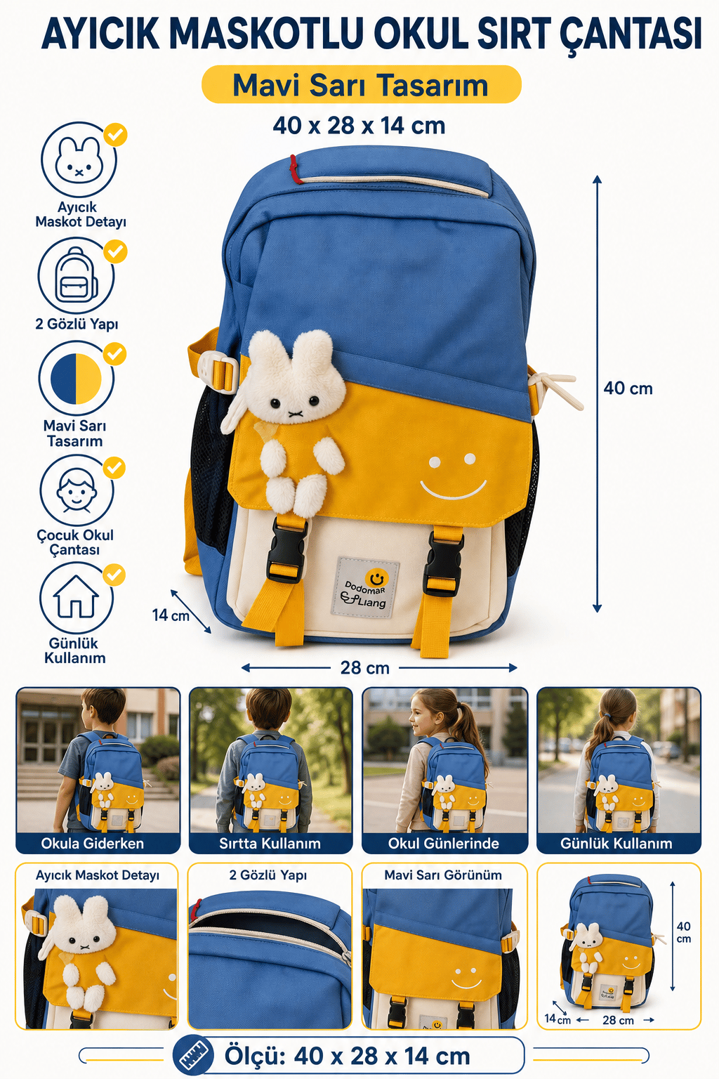Young51665 ayıcık maskot 2göz okul sırt çantaMAVİ