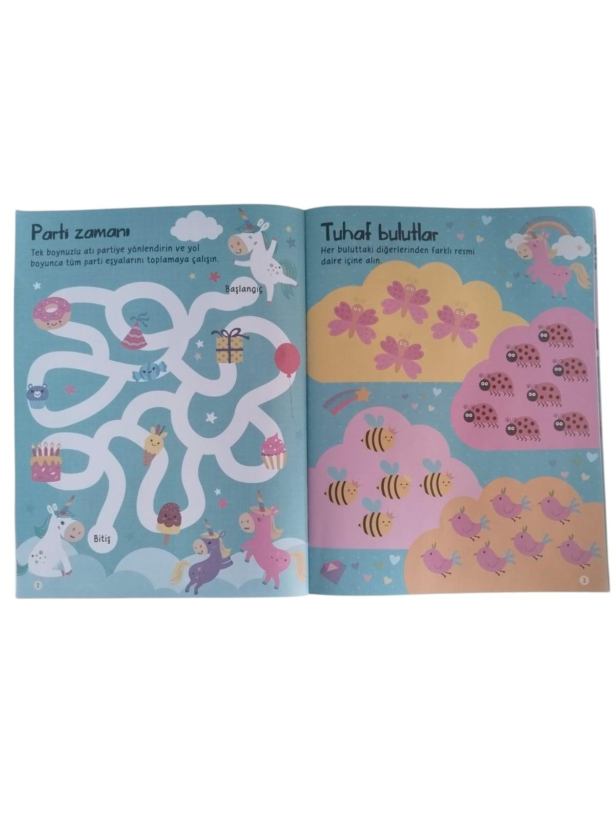 Yumurcak 3D Balon Çıkartmalı Aktiviteli Boyama Kitabı Tek Boynuzlu At 15 li 3d Balonlu Çıkartma Labirent-Nokta Birleştirme-Matematik-Fark Bulma Dikkat Çalışmaları