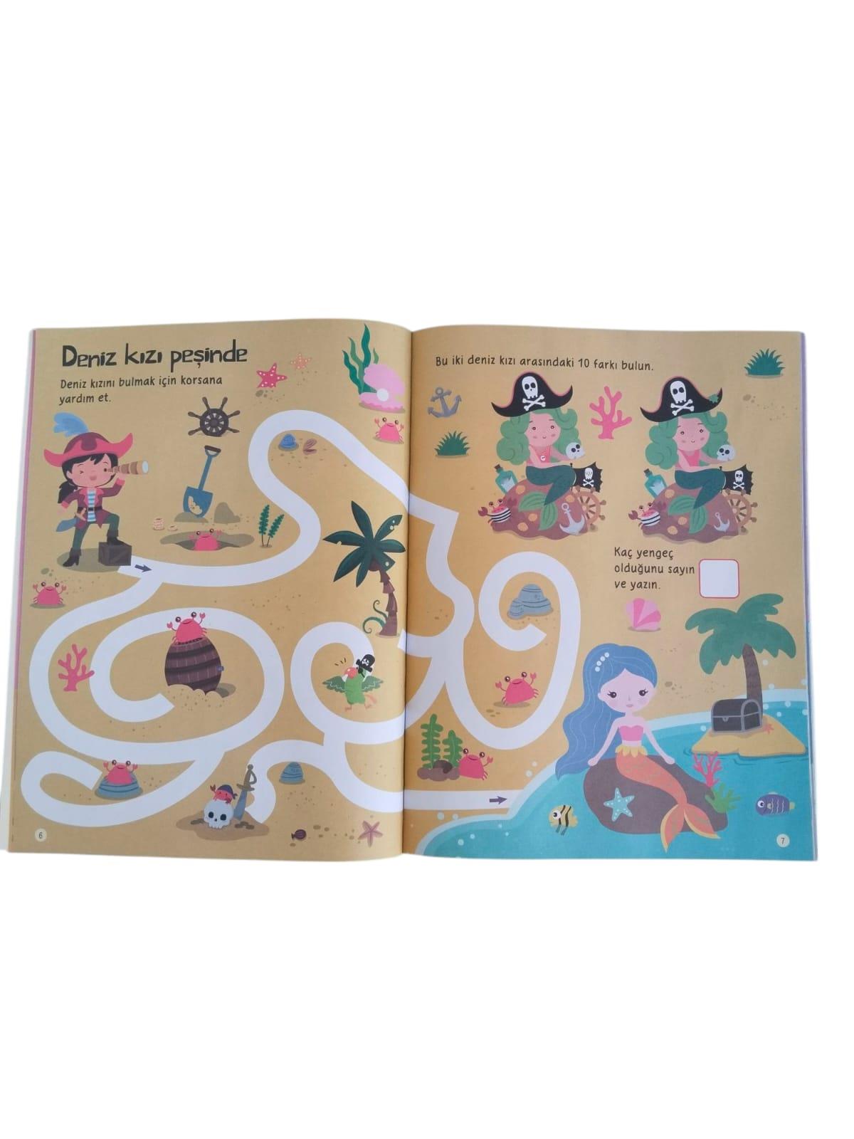 Yumurcak 3D Balon Çıkartmalı Aktiviteli Boyama Kitabı Deniz kızı 15 li 3d Balonlu Çıkartma Labirent-Nokta Birleştirme-Matematik-Fark Bulma Dikkat Çalışmaları