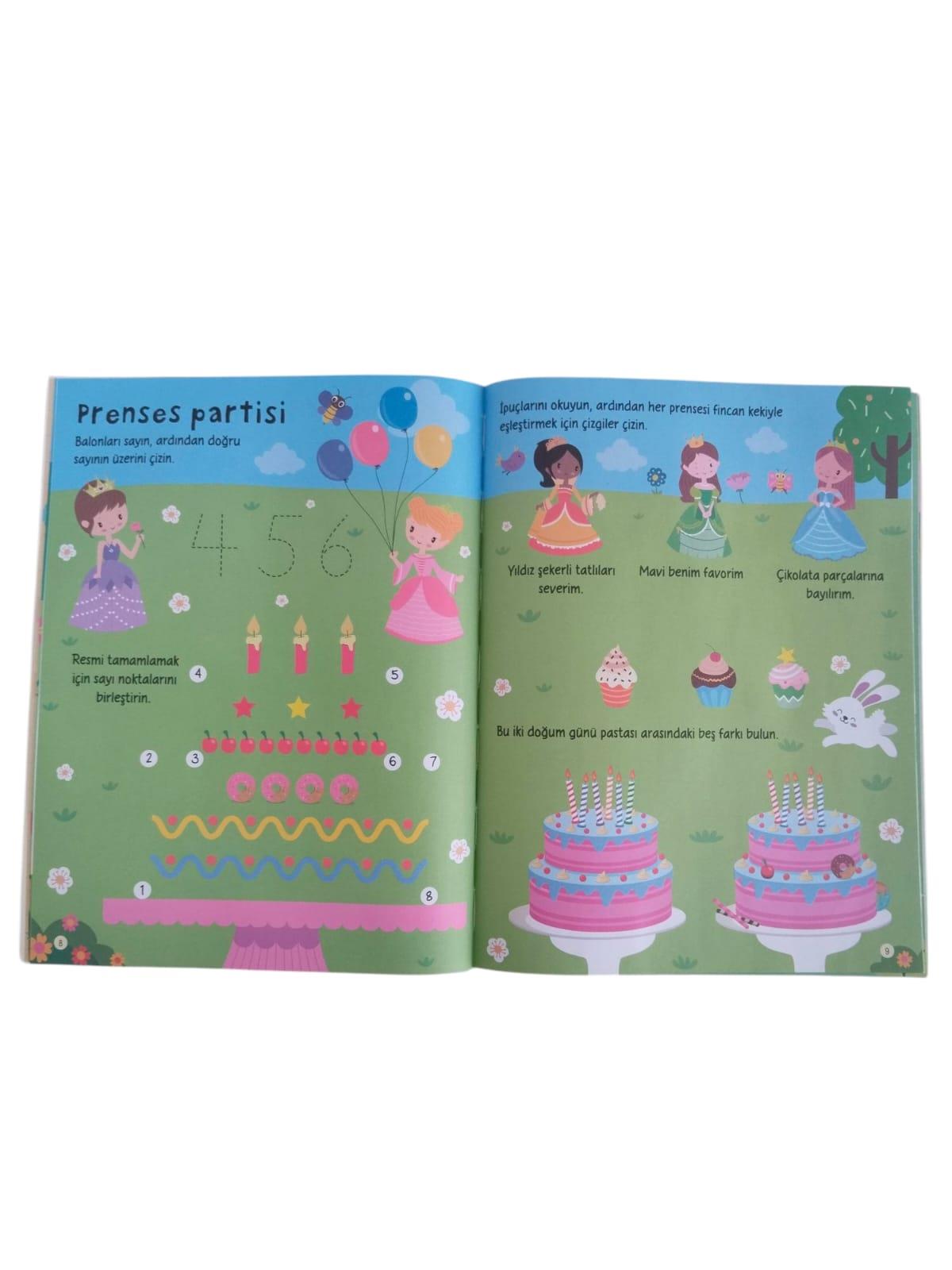 Yumurcak 3D Balon Çıkartmalı Aktiviteli Boyama Kitabı Prenses 15 li 3d Balonlu Çıkartma Labirent-Nokta Birleştirme-Matematik-Fark Bulma Dikkat Çalışmaları