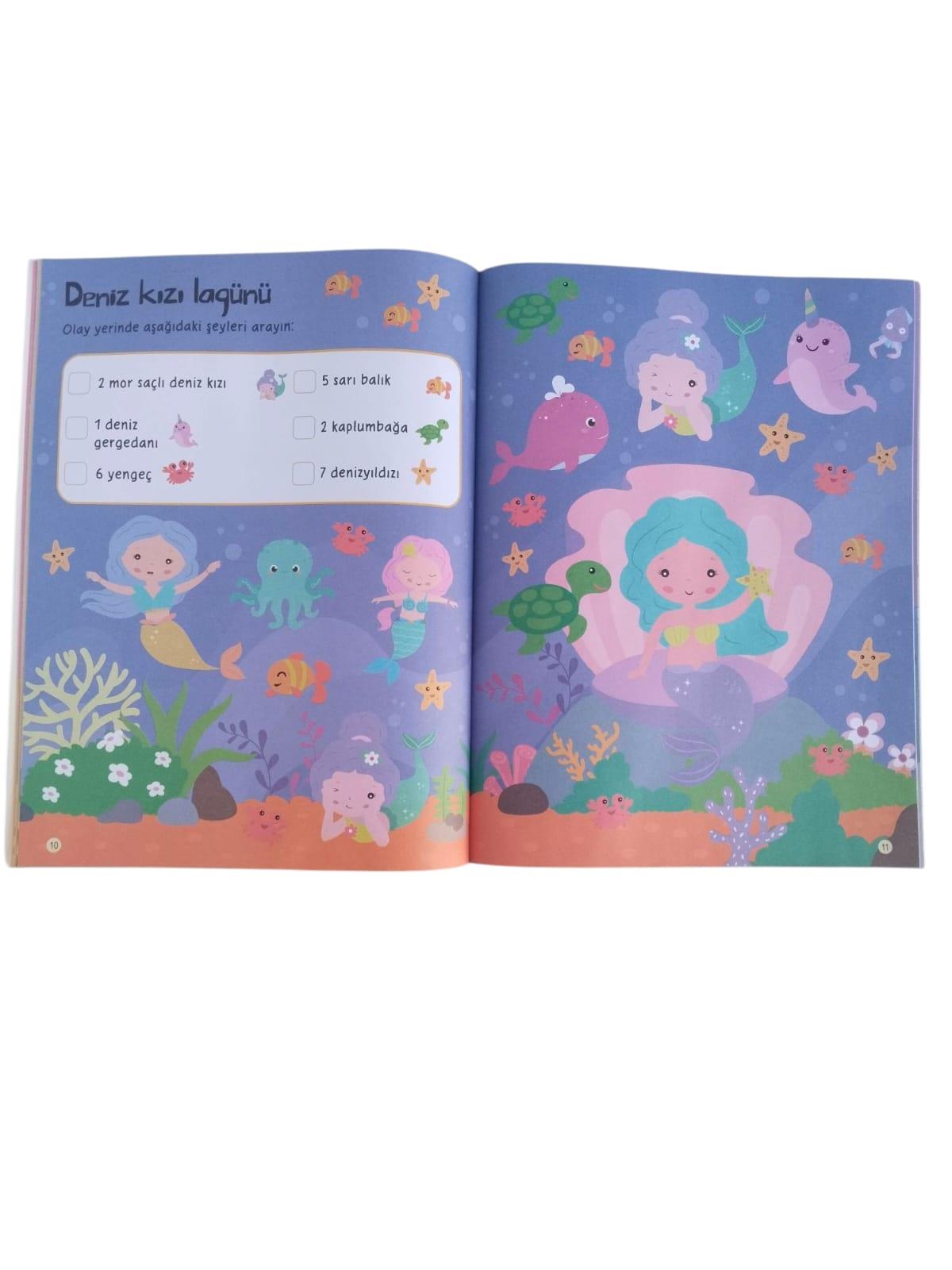 Yumurcak 3D Balon Çıkartmalı Aktiviteli Boyama Kitabı Deniz kızı 15 li 3d Balonlu Çıkartma Labirent-Nokta Birleştirme-Matematik-Fark Bulma Dikkat Çalışmaları