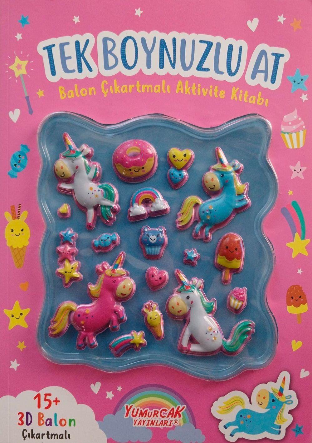 Yumurcak 3D Balon Çıkartmalı Aktiviteli Boyama Kitabı Tek Boynuzlu At 15 li 3d Balonlu Çıkartma Labirent-Nokta Birleştirme-Matematik-Fark Bulma Dikkat Çalışmaları